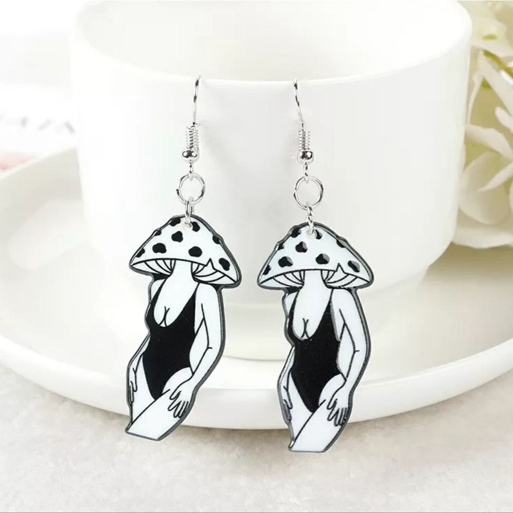 Mushroom Woman Body Figure Drop Earrings Acrylic Jewelry 2.6"